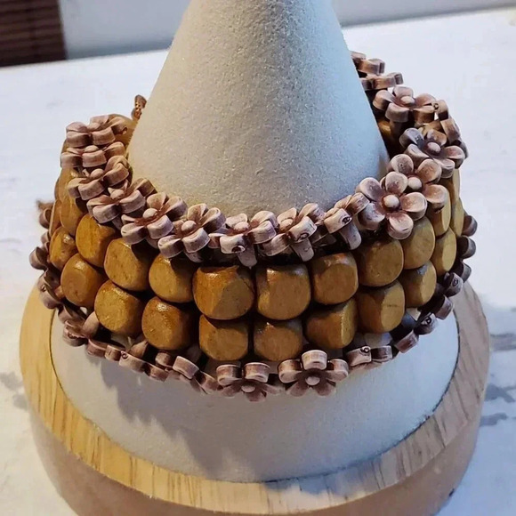 90s Y2K Vintage Brown Wood Mauve Purple Acrylic Flower Beads Adjustable Bracelet - Picture 7 of 10